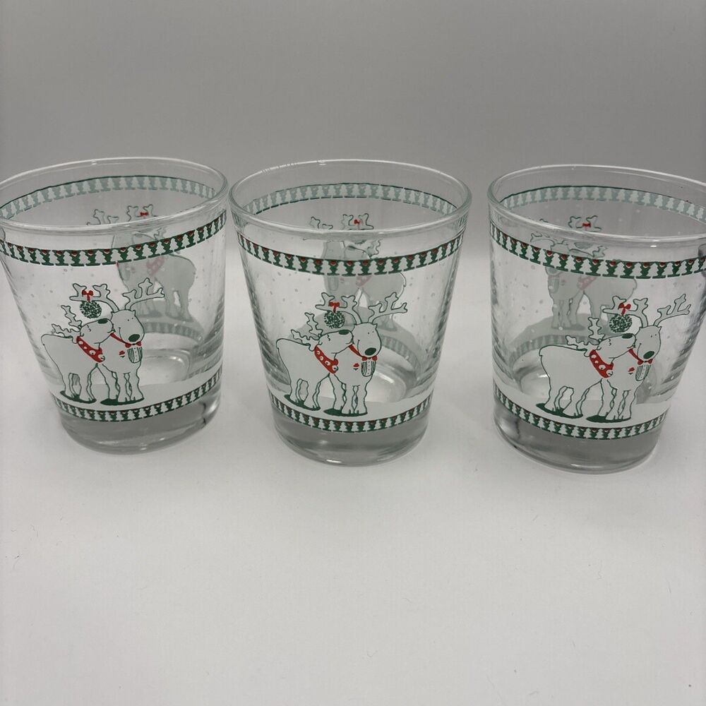 Vtg Christmas Anchor Hocking Kissing REINDEER Glasses Barware Tumbler Cathy Heck